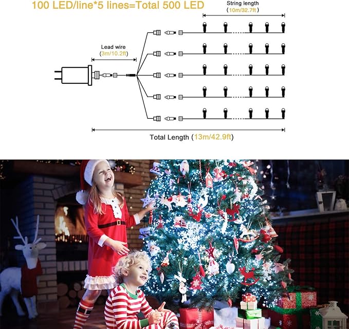 JMEXSUSS 500 LED White Christmas Lights Outdoor Indoor, Green Wire Christmas Tree Lights Plug in, 8 Modes Waterproof White String Lights for Xmas Wedding Party Garden