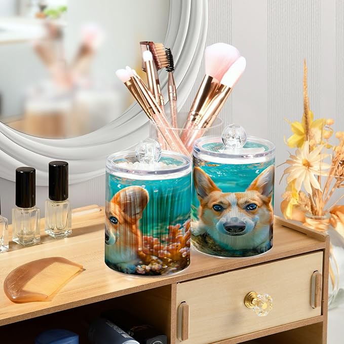2 Pack Qtip Holder Organizer Dispenser Corgi Dog Underwater Bathroom Storage Canister Cotton Ball Holder Container for Cotton Pads/Swabs/Floss