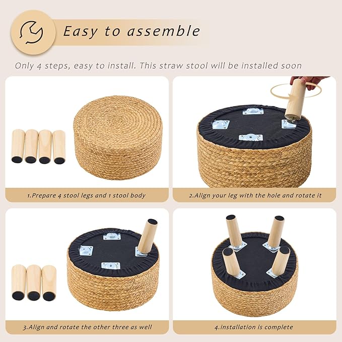 Handwoven Round Ottoman, Natural Water Hyacinth Outdoor Patio Pouf Seagrass Low Stool with Wood Legs, Soft Padded Footrest for Living Room Bedroom Garden, White