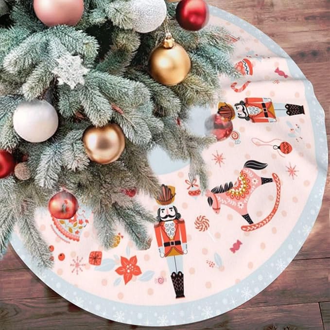 36" Large Christmas Tree Skirt, Nutcracker Candy Pattern Tree Mat Base Cover for Xmas Festive Holiday Party Decoration Ornaments