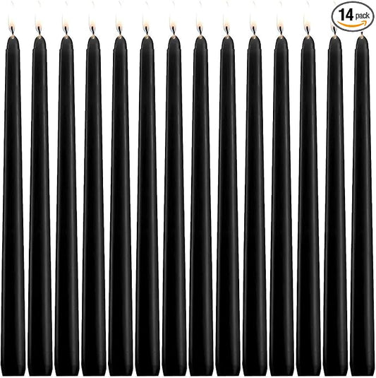 14 Pack Black Taper Candles 12 Inch Tall 3/4 Inch Thick Burn 10 Hours