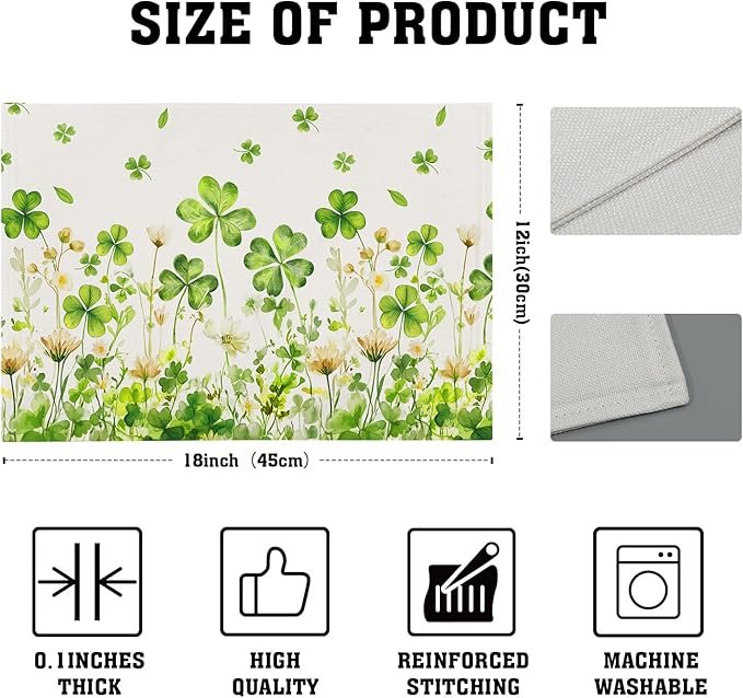 St. Patrick's Day Placemats Set of 4 Watercolor Green Shamrock Floral Spring Seasonal Washable Non-Slip Heat Resistant Place Mats 12x18 Inch Linen Table Mats for Kitchen Dining Party