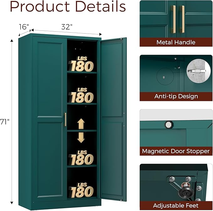 71" Metal Pantry Cabinet, Tall Kitchen Pantry Storage Cabinet with 4 Adjustable Shelves and Gold Handles, Green Cupboard for Kitchen, Dining Room, Living Room