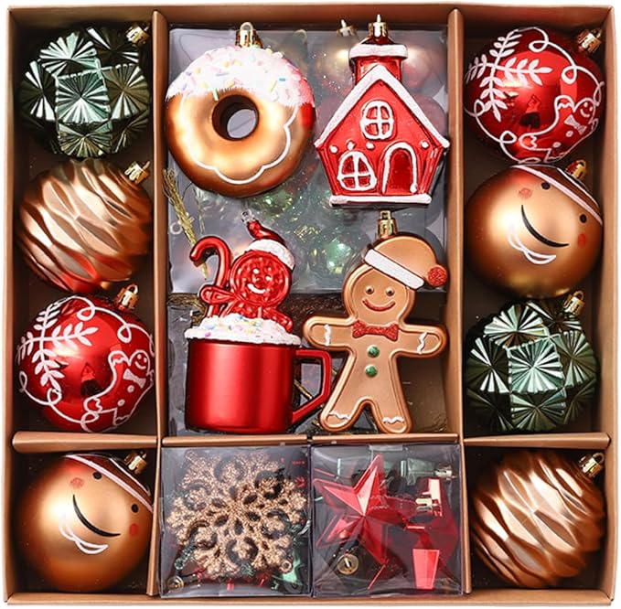 Gingerbread Man Christmas Tree Ball Ornaments Set - 72 ct Red Green Copper Gold Plastic Shatterproof Hanging Ornaments for Xmas Tree Indoor Outdoor Holiday Party Decorations
