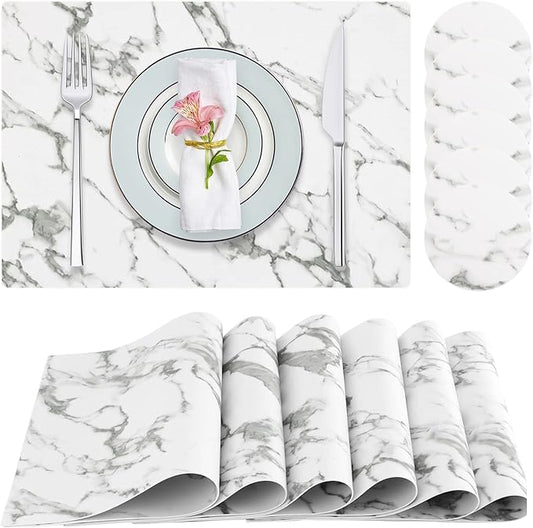 Faux Leather Placemats Set of 6,Heat Resistant Placemats for Dining Table, Easy Clean Non-Slip Place Mats, Waterproof Stain Resistant Wipeable Washable PU Table Mats, (Marble)