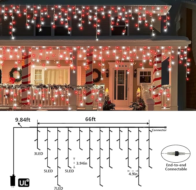 800 LED Icicle Lights Red and White