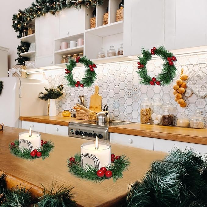 4pcs Christmas Candle Rings Wreaths Artificial Red Berries Greenery Pine Needles Garland Wreaths Candle Rings Holder for Wedding Table Centerpiece Home Dinner Table Decor