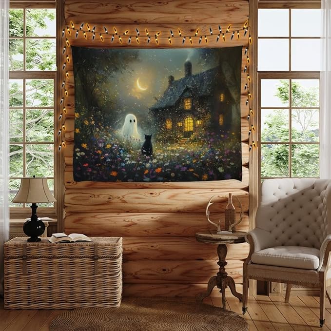Halloween Black Cat and Ghost Tapestry Wall Hanging for Spooky Cute Bedroom Decor Dark Academia Moon Wildflower Cottage Tapestries Aesthetic for Home Living Room Decoration 70x90inch