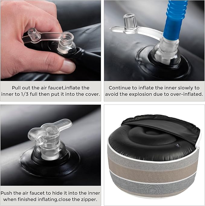 FUNHOME Inflatable Outdoor Ottoman with Air Pump,20"x9" Portable Patio Pouf,Water Resistant,Fade-Resistant,Round Blow Up Footrest Stools for Home Garden Camping Travel(Gray Stripe)