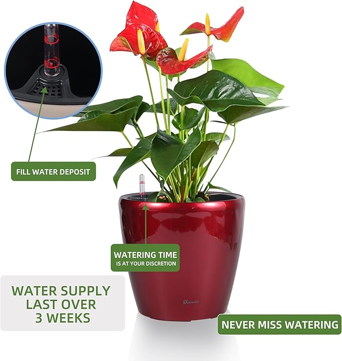 Dexceder 11x10 Inches High Gloss Self Watering Planter Indoor Outdoor, Inner Pot Design, Thickened Table Flower Plant Pot with Water Level Indicator (Red)