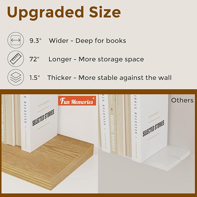 72 Inch Floating Shelves, 72 x 9 Rustic Wooden Fireplace Mantel, 9 Inch Floating Shelf for Wall, Farmhouse Wall Shelves for Home Storage & Display, Oak Color, Set of 1