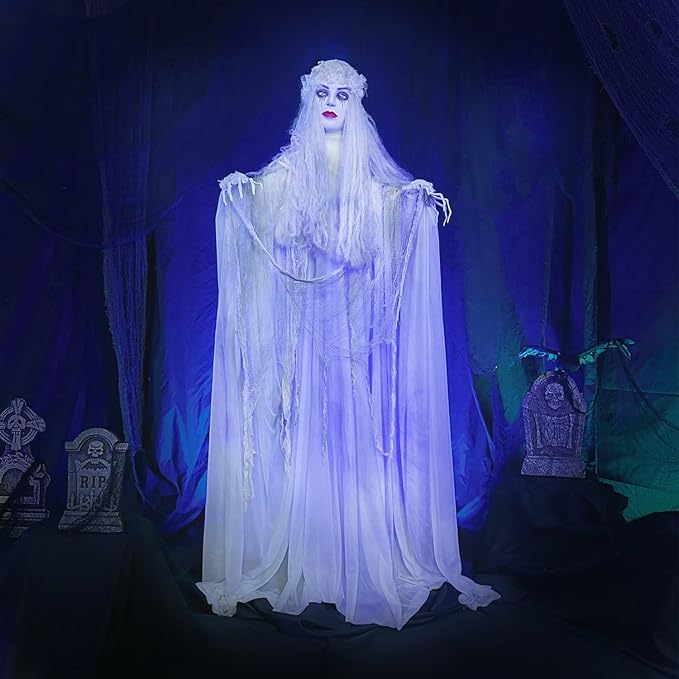 Haunted Hill Farm Life-Size Scary Ghost Bride, Halloween Animatronic with Touch Activated Lights and Sound, Battery Operated Indoor or Covered Outdoor Halloween Decorations, Creepy Halloween Prop