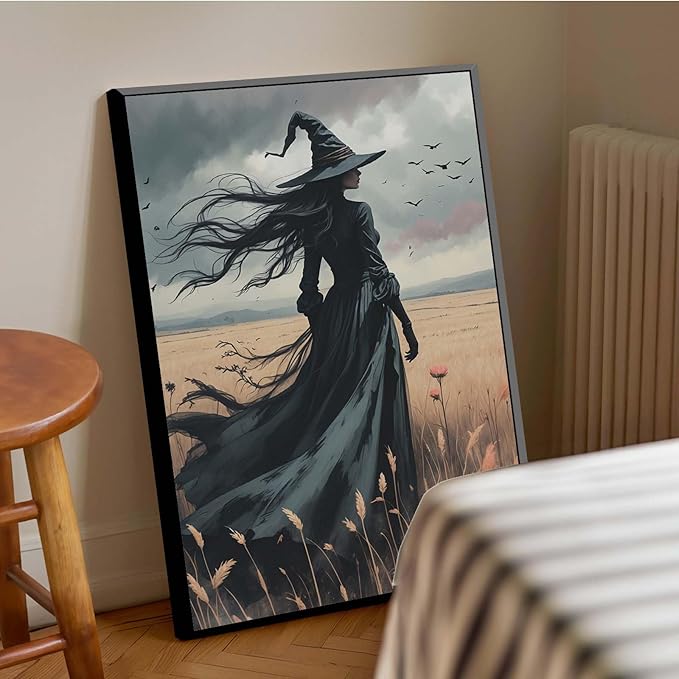 JFHCQJPK Gothic Decor Canvas Wall Art Witch in Rice Field Halloween Art Decor Print Nature Print Victorian Home Bedroom8x12in Metal blackFramed