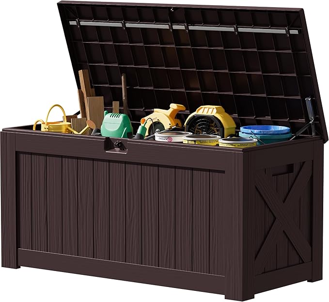 JUMMICO 120 Gallon Resin Deck Box, Large Outdoor Storage Box Waterproof & Lockable for Garden, Patio, Pools (Deep Brown)