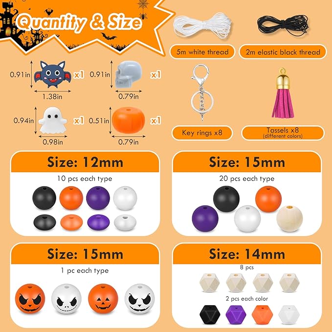 221PCS Halloween Silicone Beads for Keychain Making, Silicone Focal Bead Bulk with 15mm 14mm Loose Bead, 14mm Hexagonal Rubber Bead, Wooden Bead, Silicone Abacus Bead for DIY Necklace Bracelet Lanyard