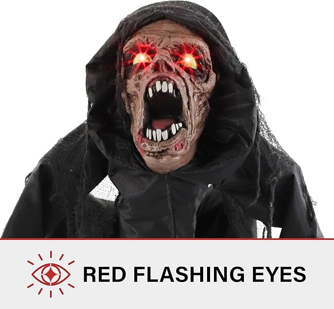 Haunted Hill Farm Scary Crouching Zombie, Halloween Animatronic with Touch Activated Lights and Sounds, Battery Operated Indoor or Covered Outdoor Halloween Decorations, Creepy Halloween Props