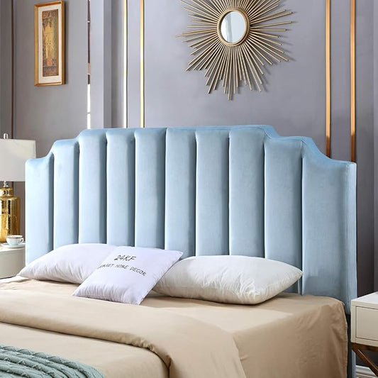 24KF Seaglass Velvet Tufted King Upholstered Headboard, Modern Vertical Channel Design California King Headboard with Stepped Silhouette Top Edge, Seaglass