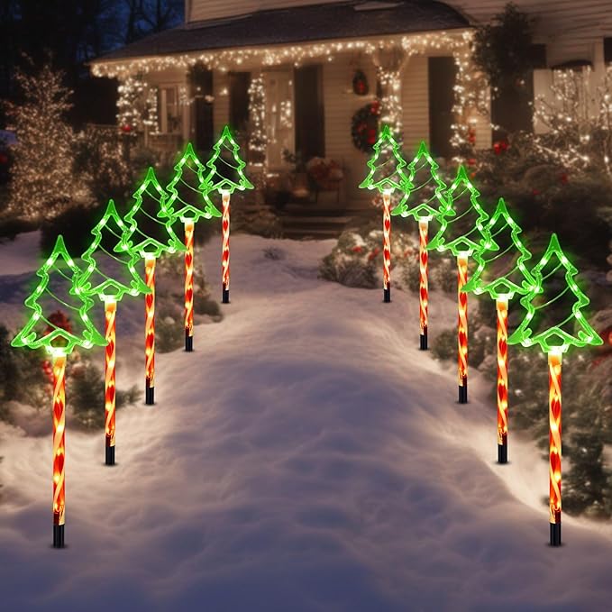 Christmas Solar Pathway Lights Outdoor Decorations， 8 Modes Xmas Tree Candy Lights Waterproof Led Garden Stake Light for Walkway Yard Lawn Porch Holiday Decor 10-Pack (Red Tube Tree, 10 Pack)