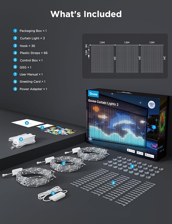 Govee Curtain Lights 2, Smart LED Curtain Light with DIY GIF AIGC, 1560 LEDs, RGBIC Color Changing Holiday Lights for Bedroom Window New Year Dynamic Decor, Outdoor IP65 Waterproof, 14.8×6.6ft