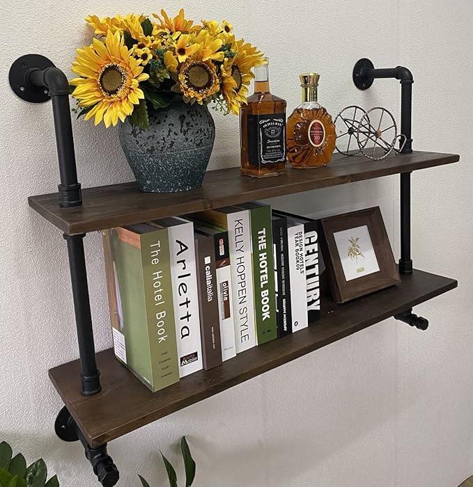 Industrial Pipe Wall Shelves Pipe Shelving with Real Wood Plank ,36 Inches Floating Shelves for Wall Farmhouse Pipe Book Shelves Dark Brown 2 Tier for Kitchen,Living Room Decor and Bar Shelving