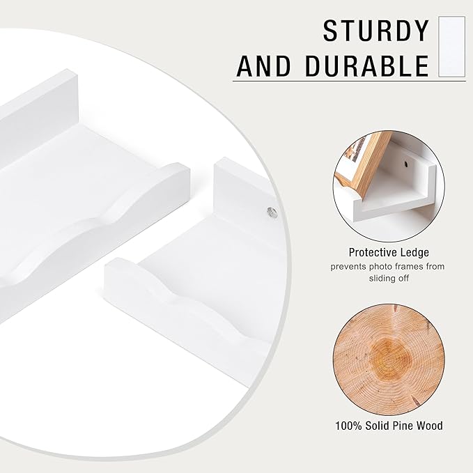 Fun Memories Picture Ledge Shelf for Wall, 36 inch Pine Wood Nursery Book Shelves Set of 2- Wall Book Shelves for Kids Room, Home Decor - Kitchen Spice-White