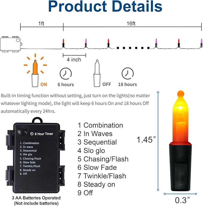 WATERGLIDE 50 LED Outdoor Halloween Lights, 16 FT Mini String Light with 8 Modes, Waterproof Battery Operated Tree Lights for Indoor Outdoor Patio Garden Party Wedding Decoration, Orange & Purple