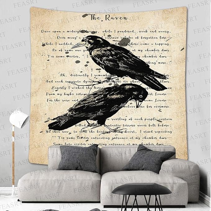Raven Poem Wall Hanging 51x60 Inches - Crow Tapestry for Living Room, Bedroom, Home, Dorm, Office Decor