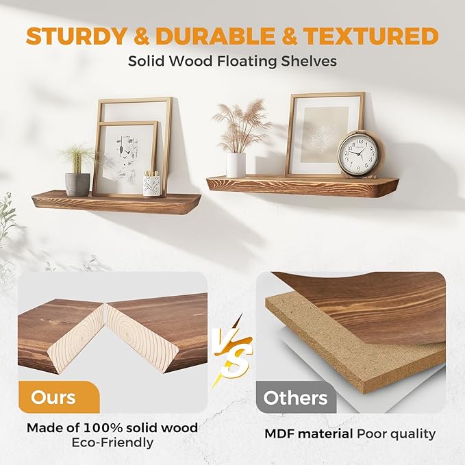 16"x6.8"x1.6" Slanted Floating Wall Shelves 2-Pack - Rustic Brown Finish, Heavy-Duty Solid Wood Design with Hidden Brackets - Perfect for Living Room, Kitchen, Bathroom, or Office