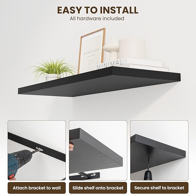 55" Floating Shelves for Wall, 12" Deep Slim Black Floating Shelves, Wall-Mounted Shelves for Bedroom, Living Room, Kitchen, Bathroom - Set of 2