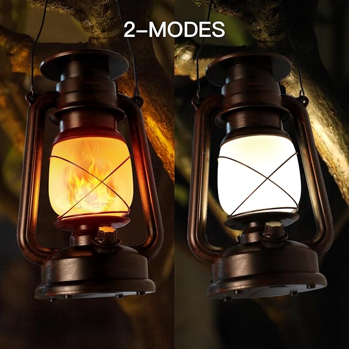 2 Pack Solar Hanging Lantern Outdoor, Solar Powered, Auto On/Off Waterproof LED Flame Umbrella Vintage Lights for Garden, Patio, Yard, Flickering Flameless Candle Mission Lights for Table, Party