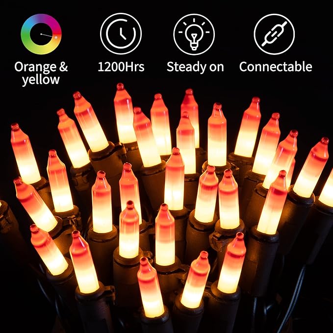 Minetom 100-count 25Ft.Yellow & Orange Candy Corn Incandescent Mini Halloween String Lights for Outdoor & Indoor Halloween Decoration, Waterproof & Connectable