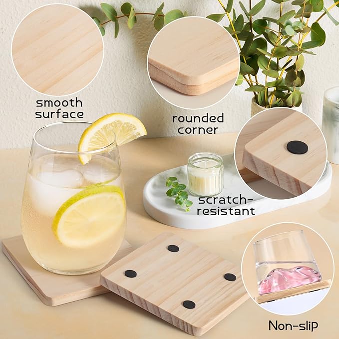 48 Pieces Unfinished Wood Coasters, GOH DODD 4 Inch Wooden Blanks with Non-Slip Pads for Laser Engraving Wood Burning Staining Painting Decoupage Housewarming Gifts Wedding Crafts Education, Square