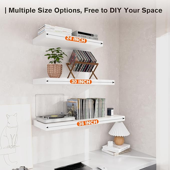 Large Floating Shelves for Wall Set of 3 Wooden Wall Shelves 36 in x 12.75 in x 2 in Room Decor Long Shelf with Invisible Wall Mount Bracket for Bedroom Kitchen Living Room White