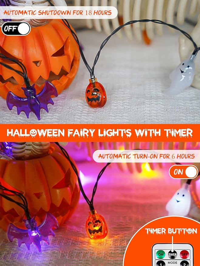 Halloween String Lights, 3D Pumpkin Bat Ghost Fairy Lights Battery Operated with Remote, 30LED Twinkle Light Waterproof 8 Modes & Timer for Halloween Parties Decorations Indoor Outdoor Windows Decor