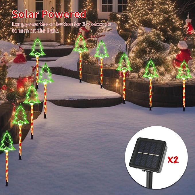 Christmas Solar Pathway Lights Outdoor Decorations， 8 Modes Xmas Tree Candy Lights Waterproof Led Garden Stake Light for Walkway Yard Lawn Porch Holiday Decor 10-Pack (Red Tube Tree, 10 Pack)