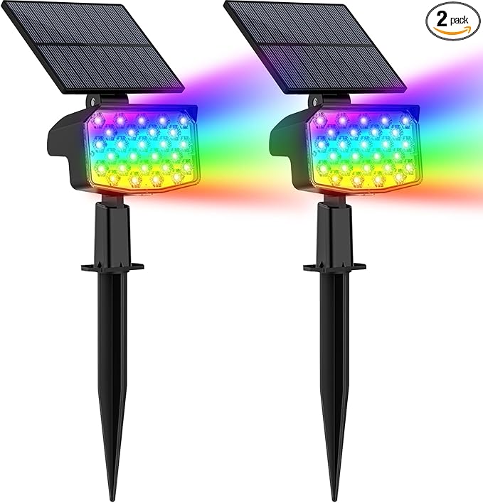 WELALO Solar Color Changing Spot Lights Outdoor, Waterproof Solar Christmas Lights with 9 Modes, Multicolor RGB Landscape Spotlights for Garden Yard Driveway Lawn Patio Pathway Decorations, 2 Pack