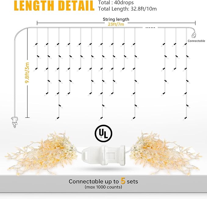 Icicle Lights Outdoor,Oopswow 23FT 200 Connectable Icicle Christmas Lights,Warm White Plug in Curtain String Lights for Indoor Wedding Party Holiday Xmas Yard Patio Window Decorations1