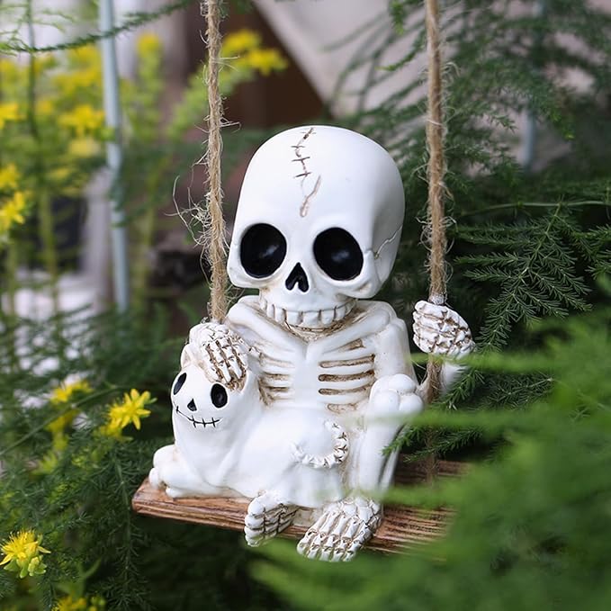 Halloween Resin Skeleton Swing Ornament - Animated Skeleton with Black Cat Figure, Hanging Decor for Tree Wall Garden - Spooky Fun Festival Decor Prop