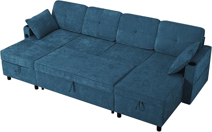 110 Inches Chenille Sectional Sofa w/Pull Out Sofa Bed & Adjustable Back, Tufted U Shaped Couch w/Two Storage Chaises, Sleeper Sectional Sofa w/USB Port & Cup Holders for Living Room, Blue