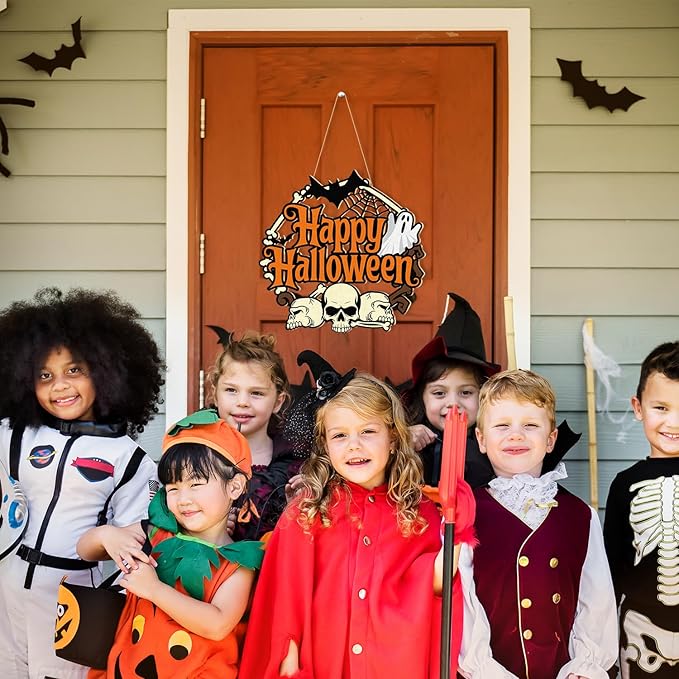Halloween Door Wreath, Happy Halloween Sign Wooden Ghosts Skulls Bats Halloween Wreaths for Front Door, Halloween Door Decorations Indoor Outdoor Sign