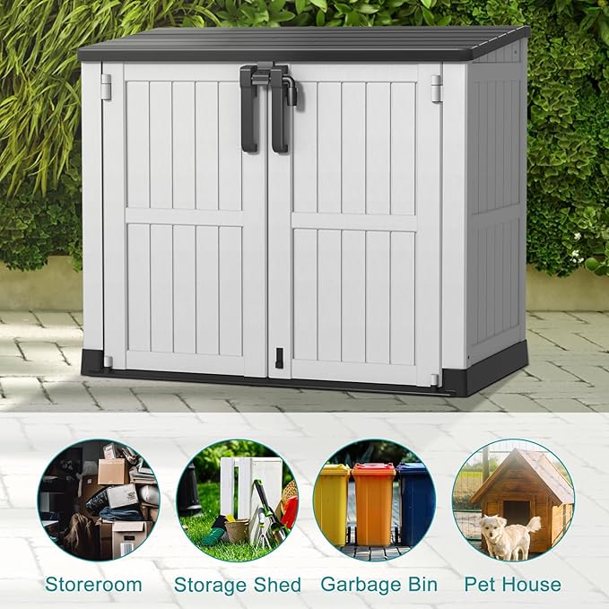 Vixzen 233 Gallon Larger Outdoor Deck Box,Lockable Resin Waterproof Storage Box,UV Resistant,Weather Resistance,Outside Storage Bin for Gardening Tools,Pool Supplies, Black and White