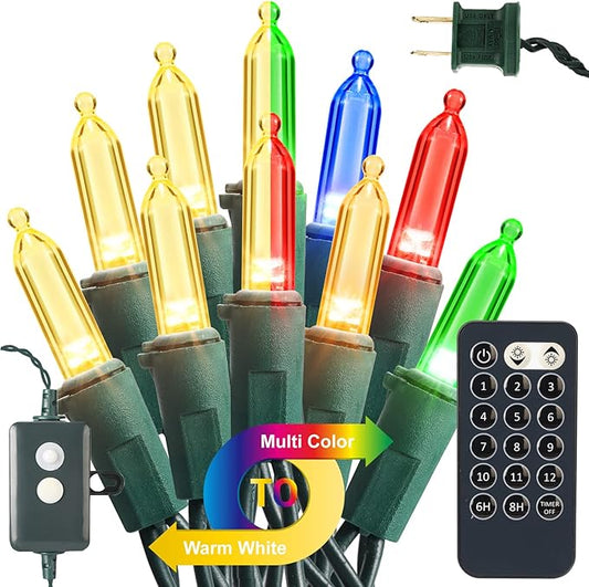 Brizled Color Changing Christmas Lights, 33ft 100 LED Connectable, 12 Modes Warm White & Multicolored Xmas Tree Lights with Remote, Dimmable for Indoor/Outdoor Decor