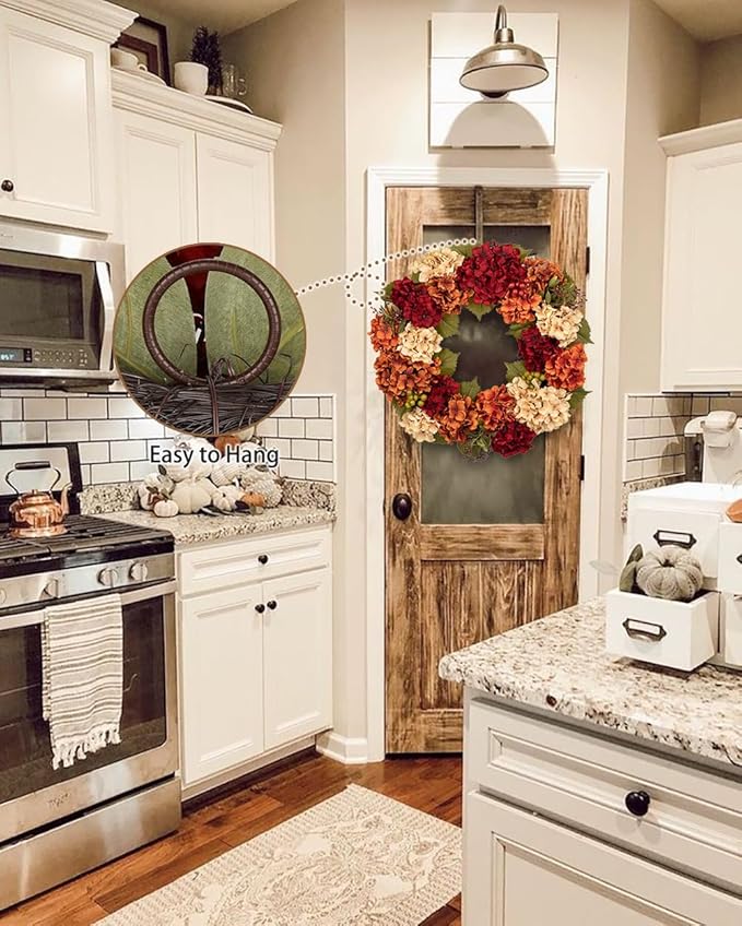 Fall Wreaths for Front Door, 24 inch Autumn Wreath with Hydrangeas Berries Large Fall Door Wreath Artificial Hydrangea Flowers Wreaths Autumn Decorations for Farmhouse Thanksgiving Harvest Door Wall