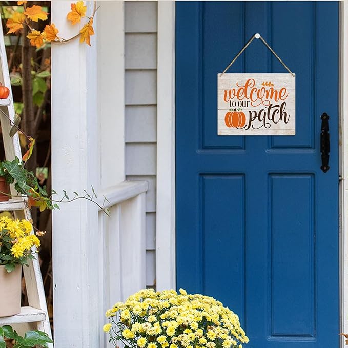 MIGUMUTU Rustic Farmhouse Fall Signs Door Wall Hanging Decor, Fall Room Home Decor, Pumpkin Decor Decoration for Home, Fall Decoration for Home, Welcome To Our Patch Sign 12 X 12 Inch