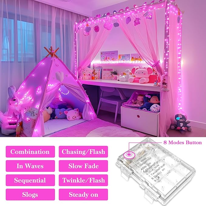 JMEXSUSS 33ft 100 LED Pink String Lights Battery Operated, Pink Fairy Twinkle Lights with 8 Modes Remote Indoor Outdoor for Bedroom Christmas Party Tree Decorations