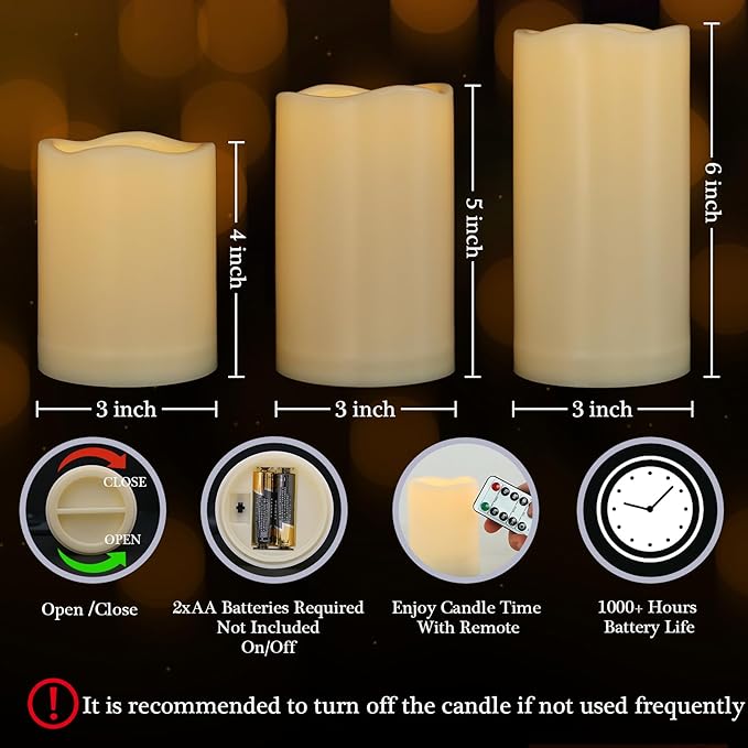 Battery Operated Candles Flickering Flameless Candles with Remote and Timer, Waterproof Outdoor LED Pillar Flameless Candles for Home Wedding Decor, Ivory Plastic, D 3" x H 4" 5" 6"