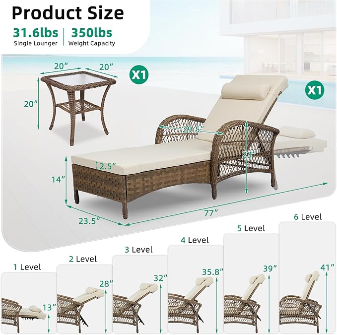 VIVIJASON Outdoor Wicker Chaise Lounge Chair, All-Weather PE Rattan Cushioned Patio Lounger Set with Side Table, 6-Position Adjustable Outside Pool Sunbathing Recliner with Armrest & Pillow, Beige