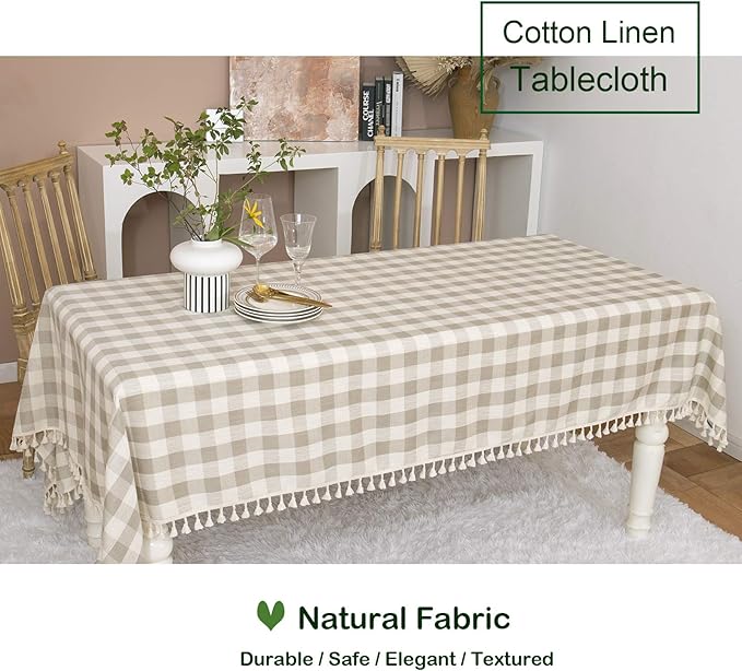 Rustic Checkered Tablecloth, Cotton Gingham Rectangle Table Cloths for Kitchen Dining Restaurant Farmhouse Thanksgiving Christmas Décor(55x120”,Gray Khaki)