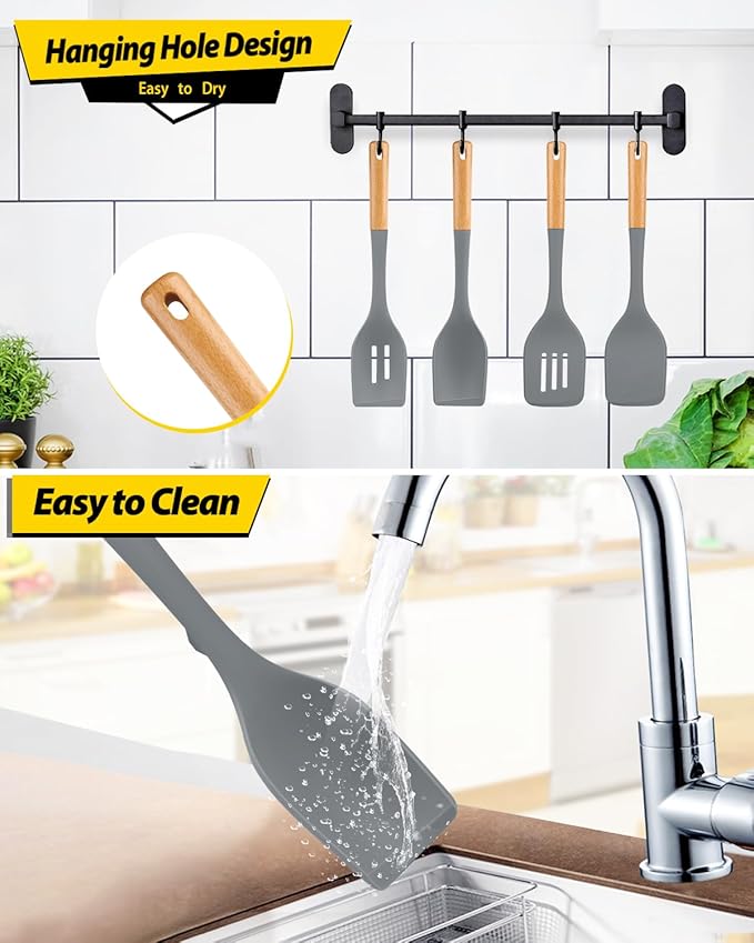 Pack of 4 Silicone Kitchen Utensils Set, Non Stick Solid Spatulas and Heat Resistant Slotted Spoons with Wooden Handle, Ideal BPA Free Cooking Utensils for Mixing,Serving,Turning,Stirring(GRAY)