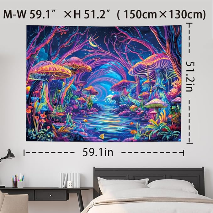 Yuiqear Blacklight Forest Tapestry UV Reactive Mushroom Tapestries Fantasy Landscape Wall Decor Aesthetic Plant Floral Tapestry Wall Hanging for Bedroom